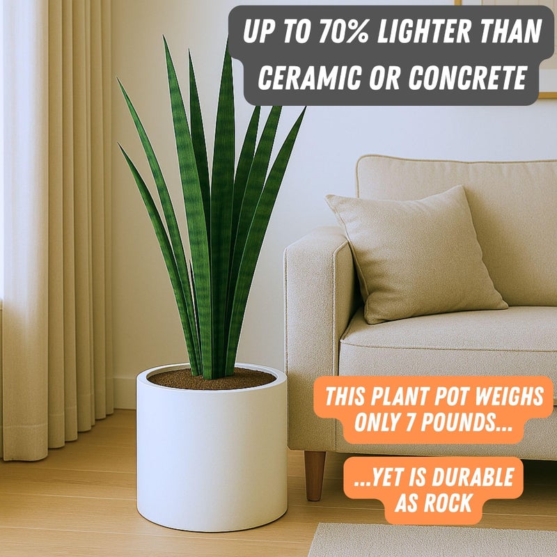 Fox & Fern Large 12 Inch Planter â€” Premium Lightweight Fiberstone Matte White Plant Pot w Drainage Plug - Large Indoor & Outdoor Planter - 12 Inch Pots for Plants Indoor - Weather & UV Resistant - Image 3